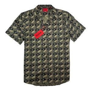 HUGO Men's Ellino Logo Pattern Short Sleeved Shirt Blue Navy Button Sz L $119